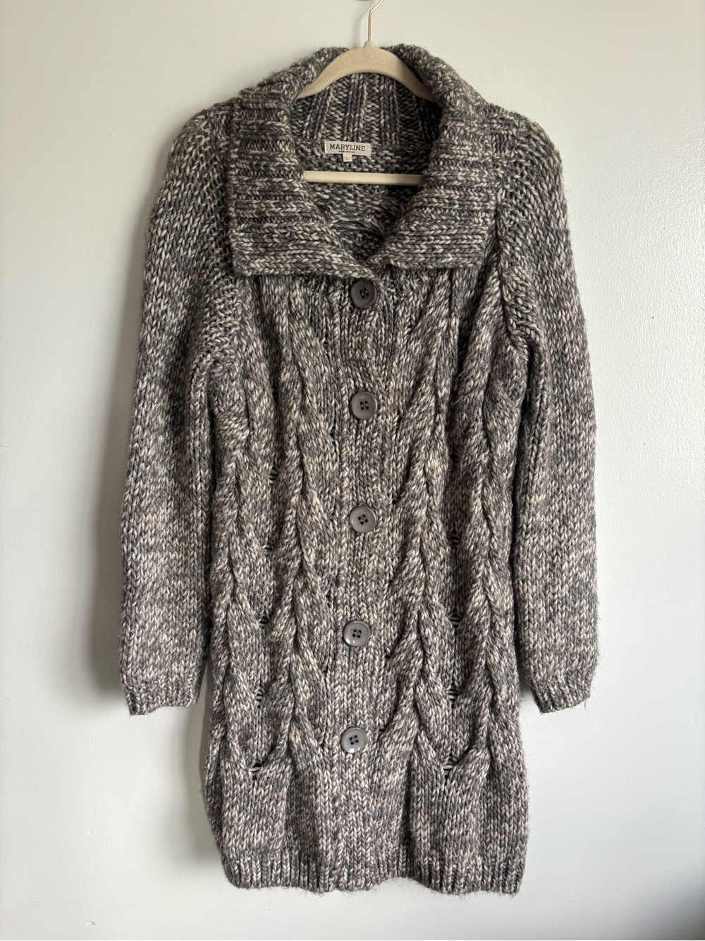 Maryline Made in Italy Wool Gray Chunky Cable-Knit Button Cardigan Sweater Large